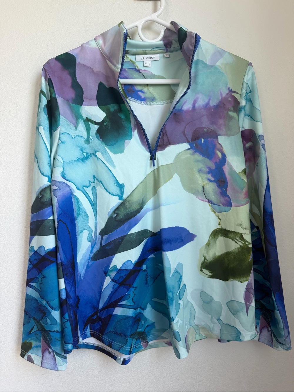 Chico’s Floral Watercolor Half-Zip Performance Top - Aqua Multi